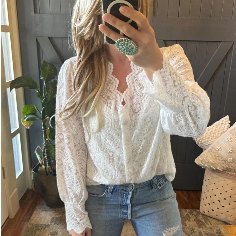 Scalloped Lace Button Front White Blouse Romantic Boho Style, Feminine Top - Picture 7 of 11